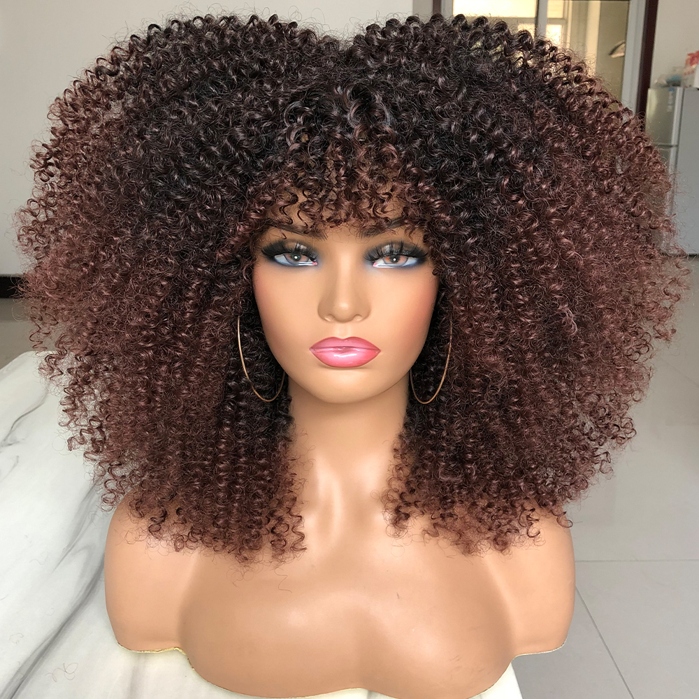 Perucas afro encaracoladas para mulheres negras, perucas sintéticas afro encaracoladas com franja, cabelo longo e fofo e encaracolado: Marrom