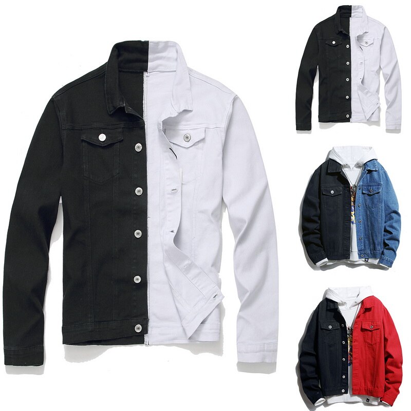 Men Streetwear Black white Two-tone Patchwork Slim Fit Jean Jackets motorcycle man Hip hop Cotton Casual Denim Jackets coats