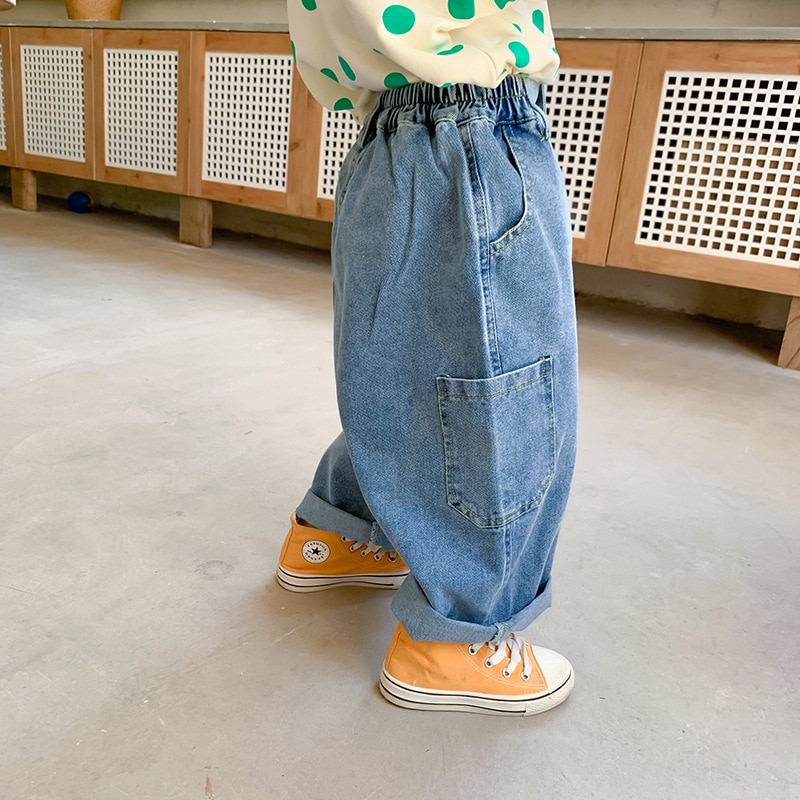 Drenge løse brede ben casual denim bukser efterår piger oversized all-match jeans
