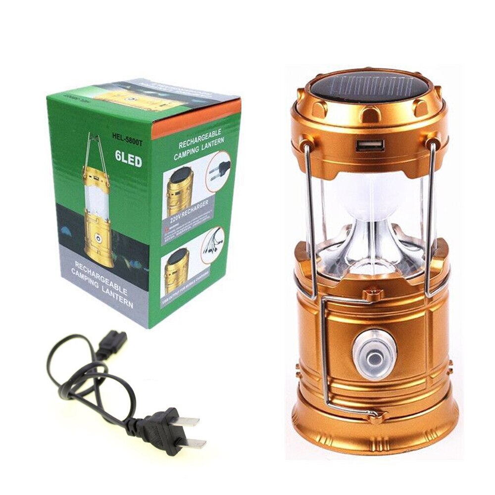 Camping lampe usb genopladelig camping lys udendørs telt lys lanterne solenergi sammenklappelig lampe lommelygte nødfakkel: Guld