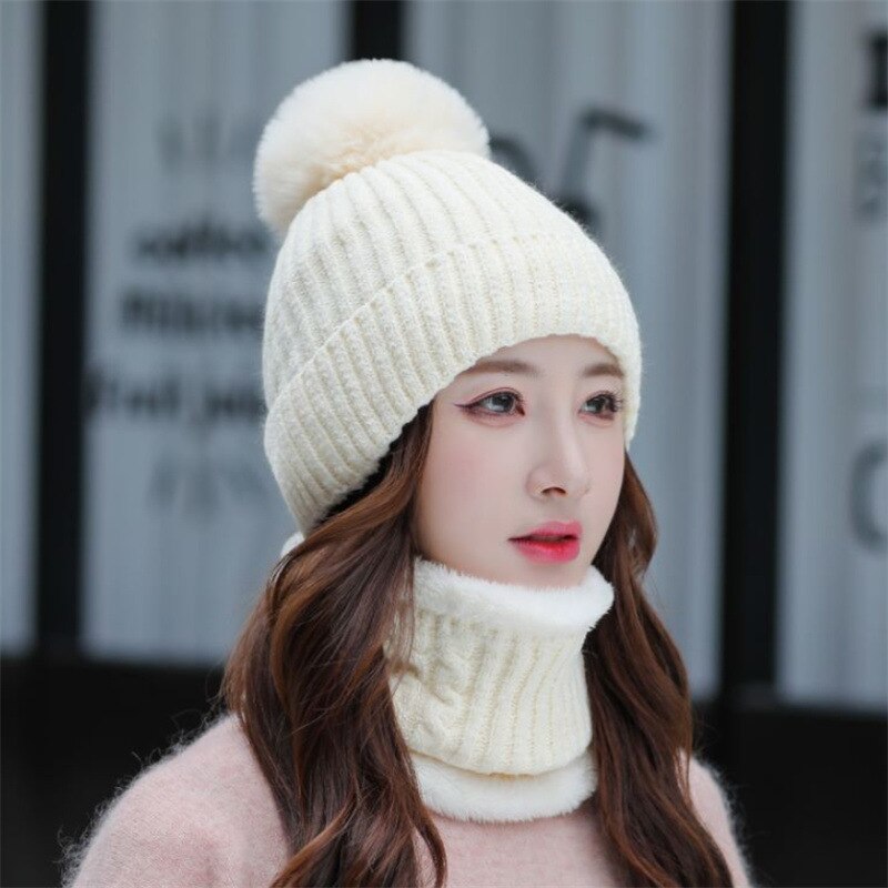 Autumn Winter Chenille Cute Beanies Hat Bib Sets Women Velvet Thick Knitted Hats Windproof Cycling Wool Knitting Caps: Beige