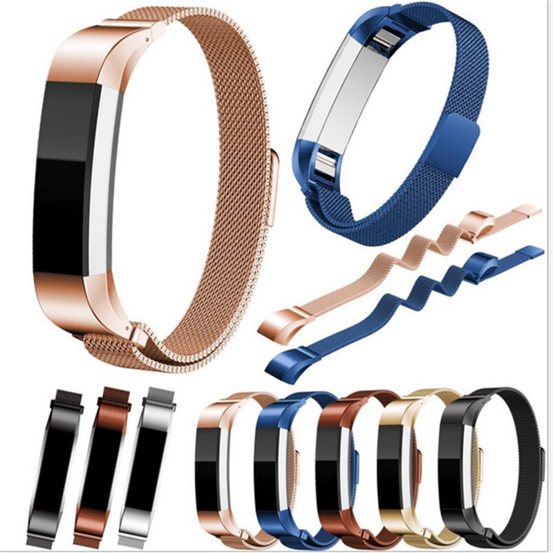 Black Gold Watch band Strap Replacement Milanese Magnetic Loop Stainless Steel Magnetic Lock Band for Fitbit Alta/Alta HR