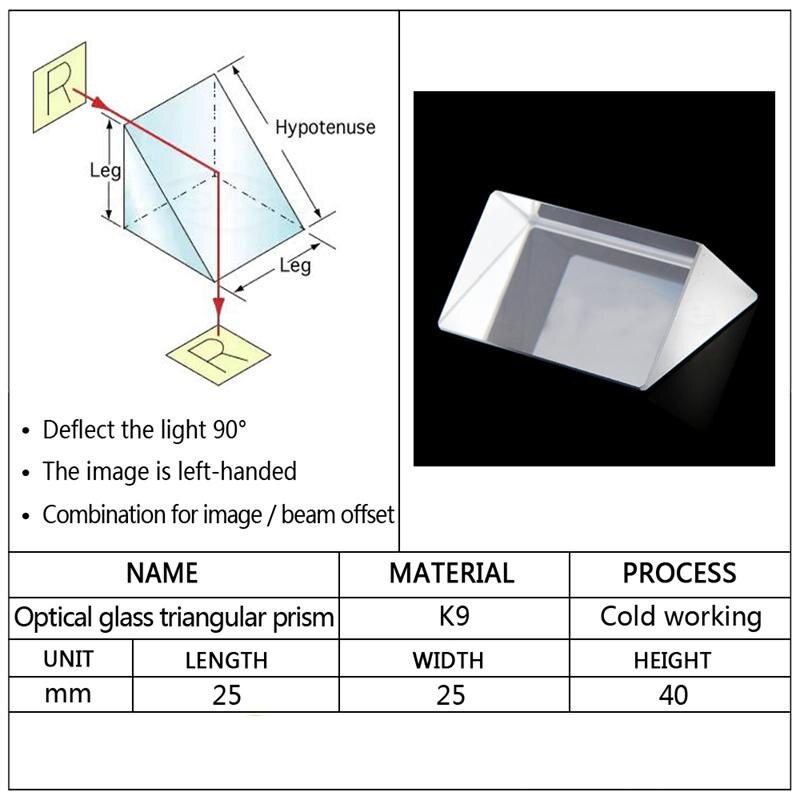 25x25x40mm Optical Glass Driehoekig Lsosceles K9 Prisma Met Reflecterende Film