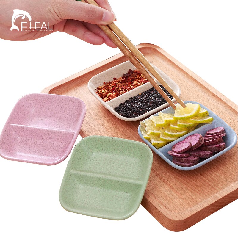 FHEAL 4 stk/set Tarwe Stro Schotel Milieuvriendelijke Plastic Diner Snack Kruiden Azijn Saus Platen Keuken Gereedschap