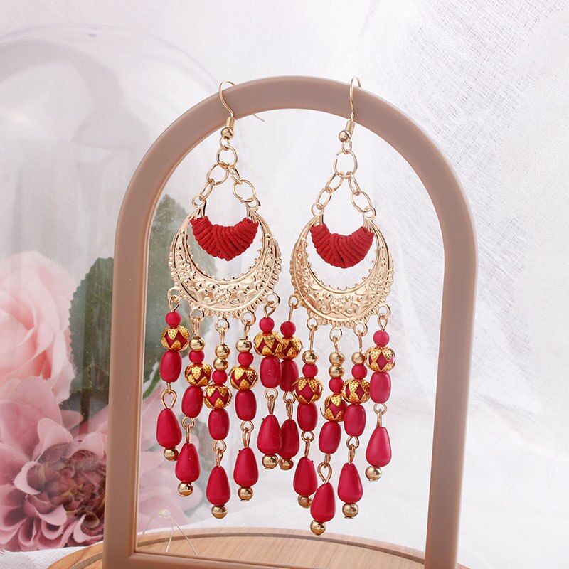 Pendientes colgantes de flores bohemios para mujer, aretes largos de acrílico con cuentas y borlas, joyería de boda,