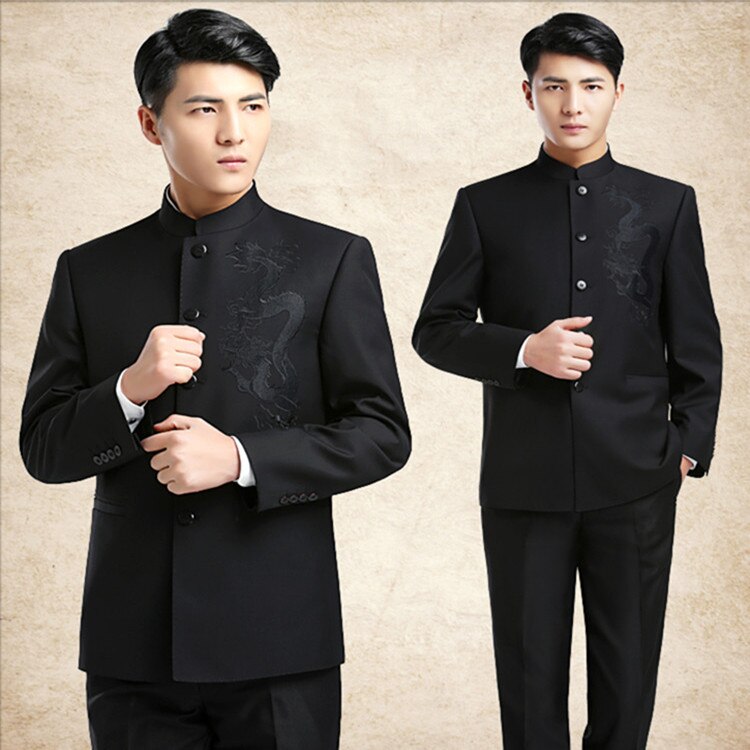 Mens Slim Fit Stand Collar Suits Dargon Embroidered Chinese Tang Suits Male Stylish Casual Suits Set Tangsuit