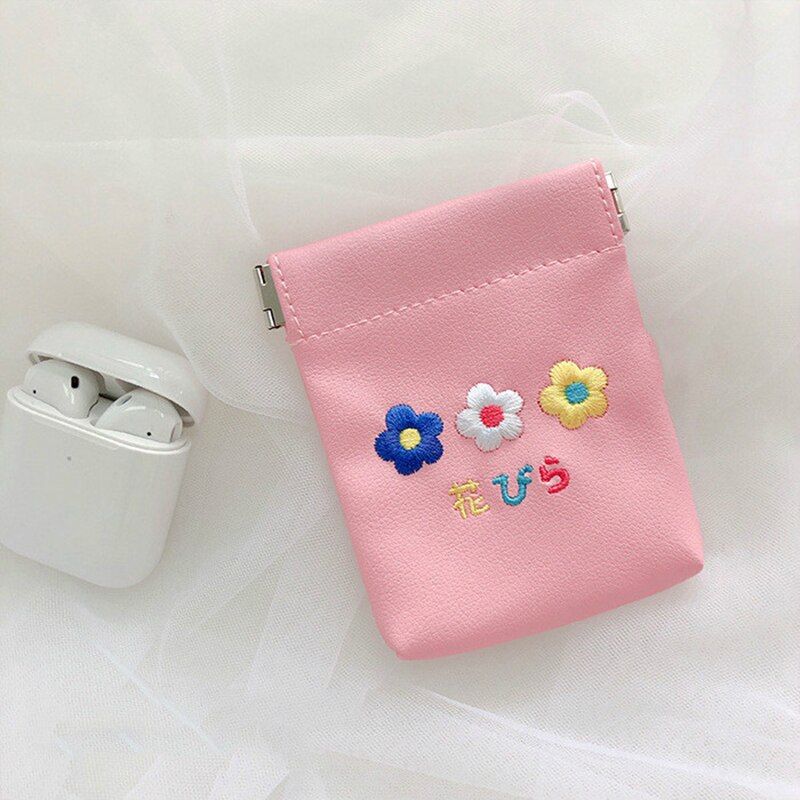 Sac de rangement pour femmes, mignon sac de rangement pour fleurs broderie, porte-monnaie Portable, câble de données, écouteurs Bluetooth étui de protection: Rose