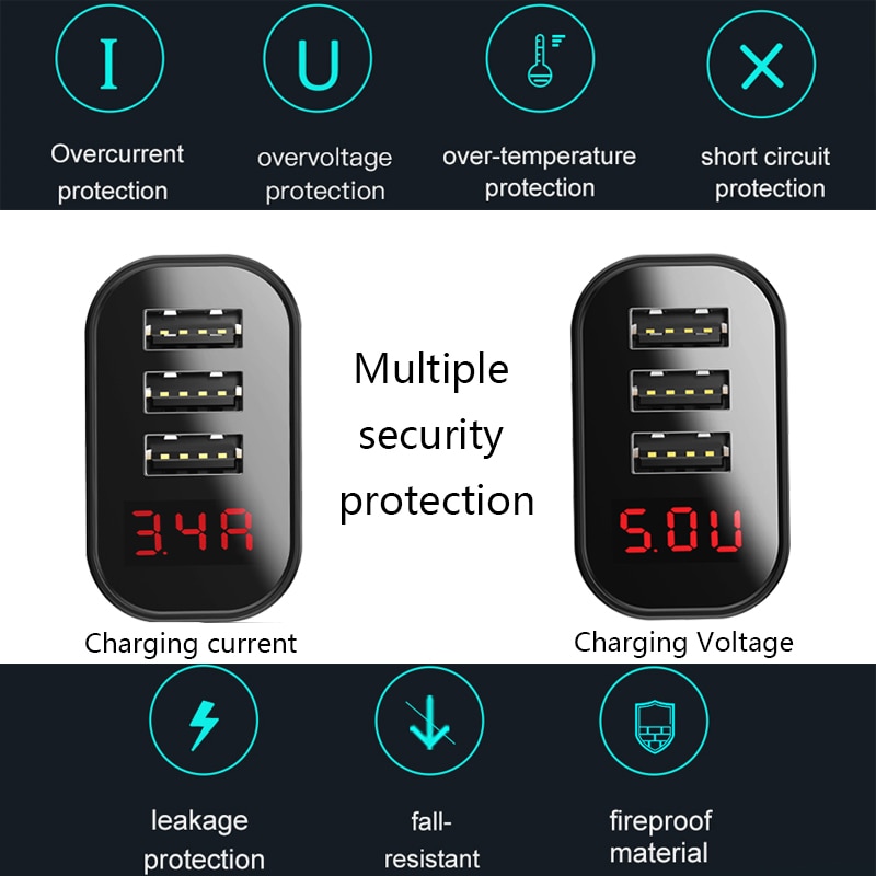 Baseus 3 Ports Charger with Digital Display 3.4A Max Fast Charging Wall Adapter Charger For Phone