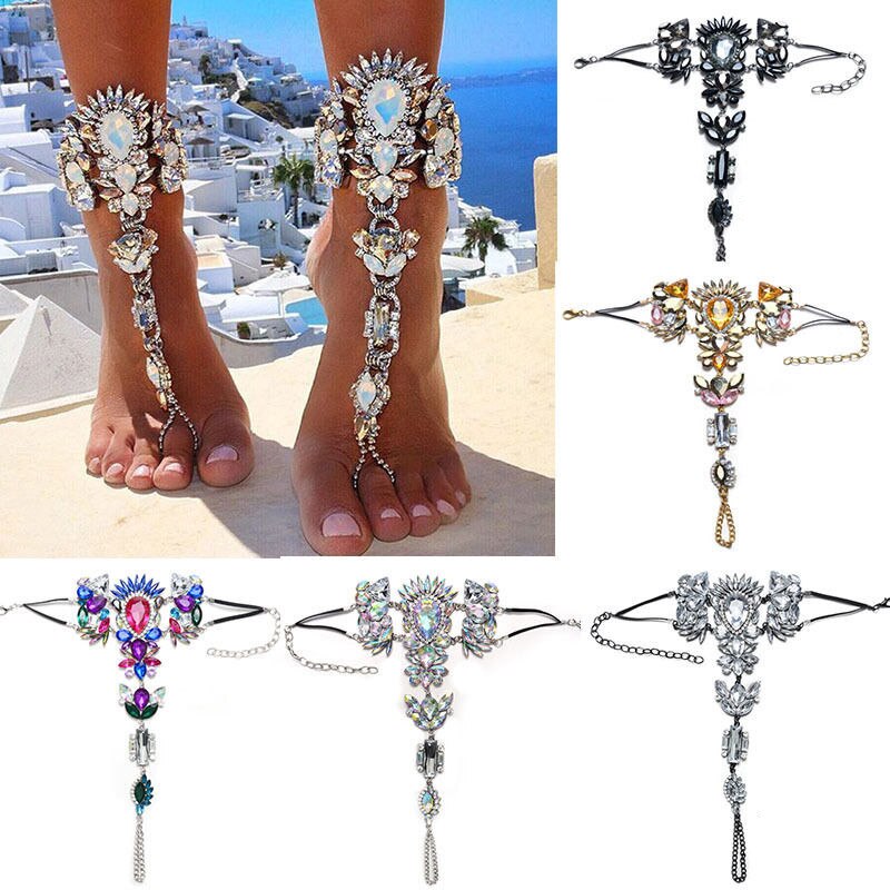 Enkelbanden Voor Vrouwen Rhinestones Gem Bloem Hanger Enkel Barefoot Sandal Foot Sieraden Enkelband Accesorios Mujer # D35
