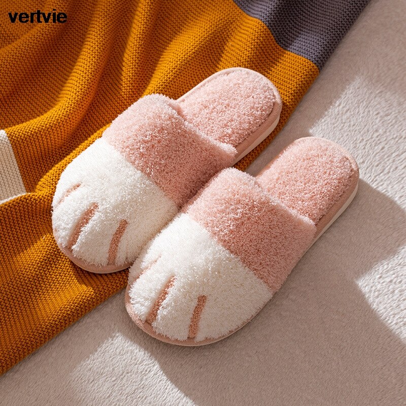 Vertvie Winter Slippers Vrouwen Mannen Paar Schoenen Leuke Kat Poot Thuis Indoor Harige Slippers Unisex Warm Pluche Slippers Zachte Schoenen: pink / 40-41