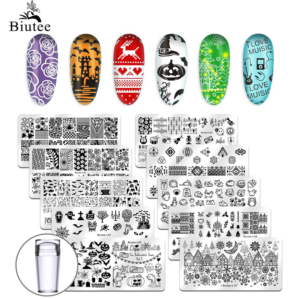 Biutee 10 Stuks Nail Art Plates Kits Stamping Platen Polish Voor Nail Manicure Kerst Geometrische Halloween Dier Patroon