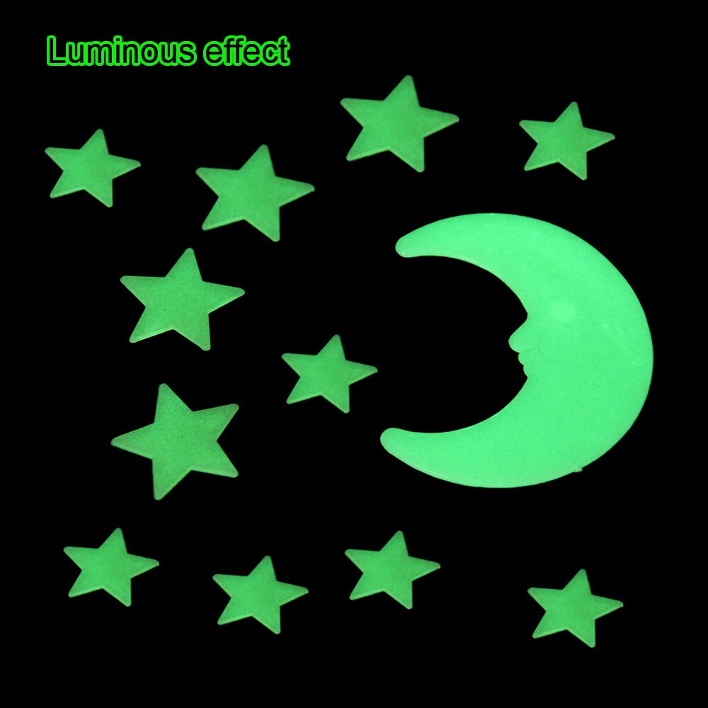 Sterren Maan Decoratie Lichtgevende Muursticker Stereoscopische Paster Voor Slaapkamer Groen 12 Stk/pak