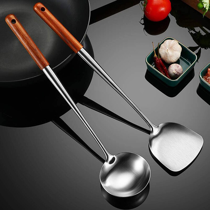 2 stk redskaber køkken wok spatel jern og øse værktøjssæt 17 tommer spatel til wok rustfrit stål wok spatel køkken bar værktøj