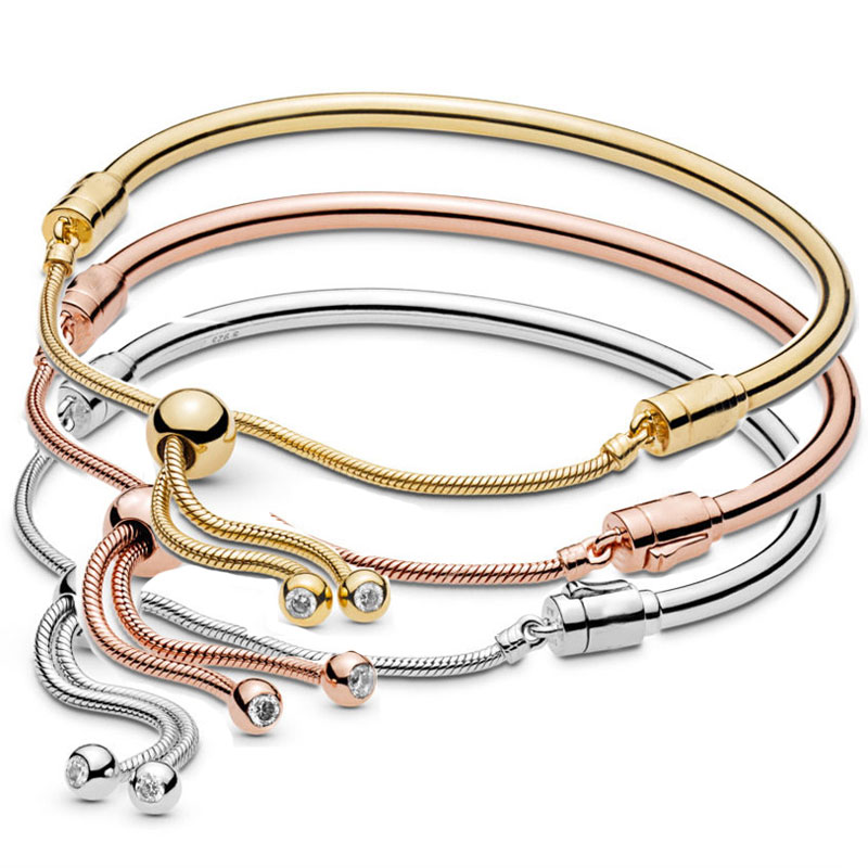 Original Rose Gold & Silver MOMENTS Sliding Clasp Adjust Bracelet Fit 925 Sterling Silver Bangle Bead Charm Diy Europe Jewelry