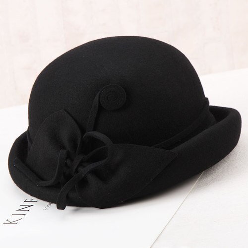 H274 jesień zima kapelusze z wełny kapelusz kobiety eleganckie moda Bowknot retro umywalka czapka panie czystego kolor wijący się kościół czapki imprezowe: czarny