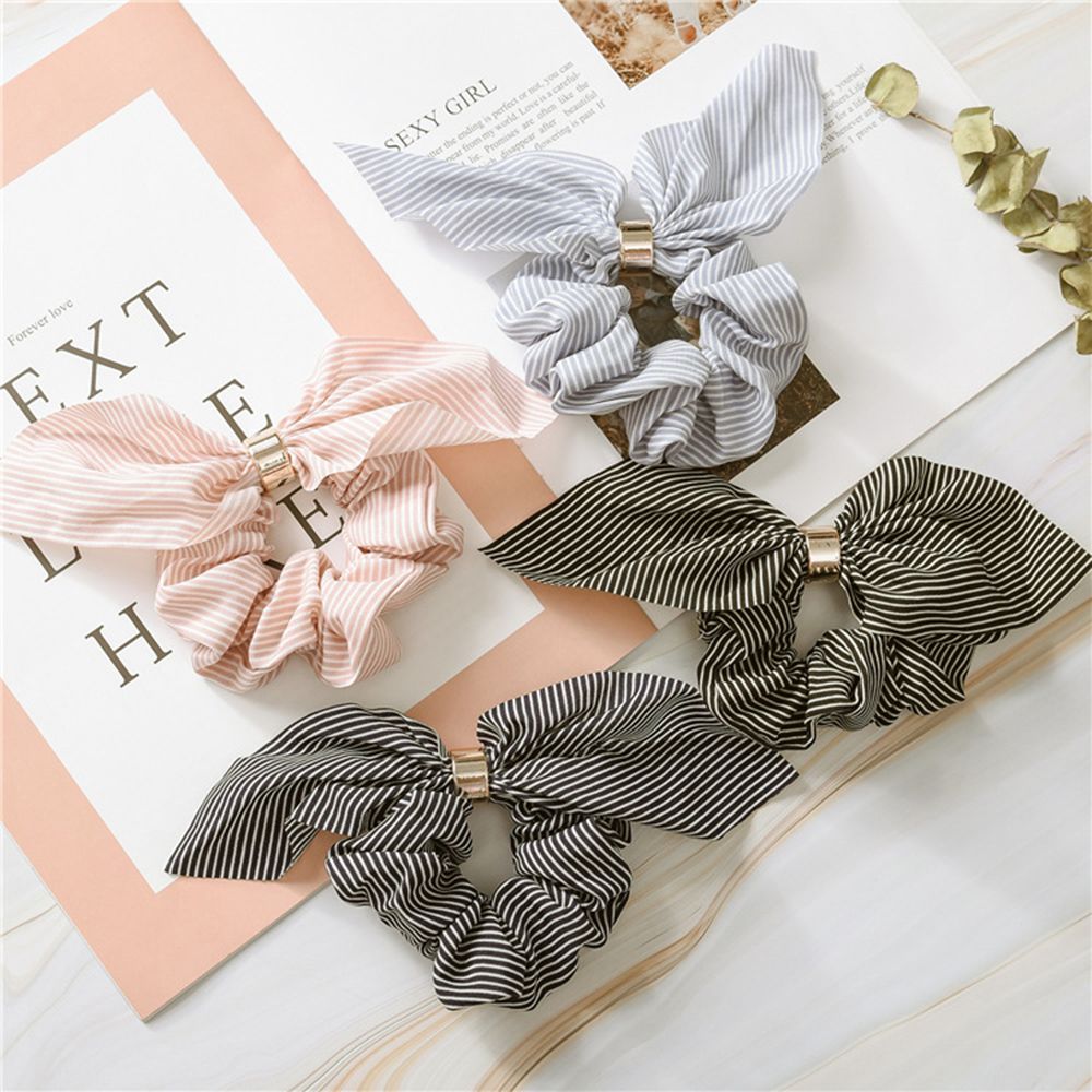1 stk kanin øre hår scrunchies til kvinder elastisk gummi hår reb stribet gummibånd til piger metal ring slips