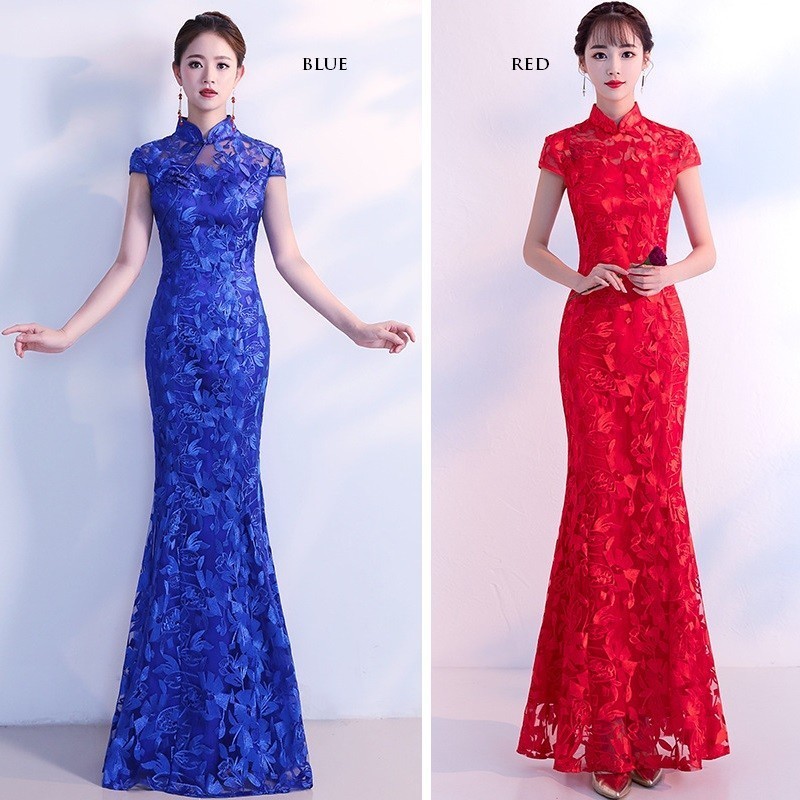 Abendkleid China Cheongsam Spitze Chinesische Kleider Traditionellen Lange Kleider Für Hochzeit Party Blau retro Frauen