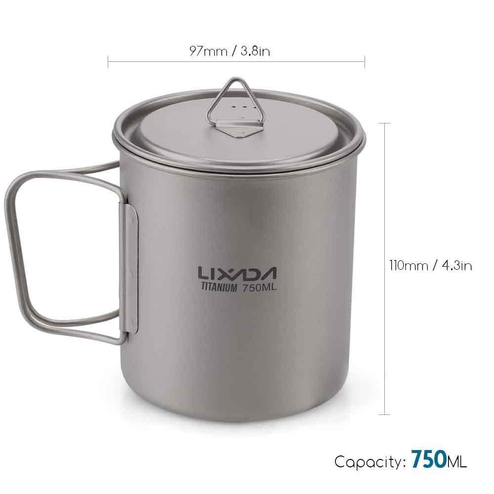 Lixada Titanium Cup Camping Verwarming Mok Servies Lichtgewicht Outdoor Survival Koken Apparatuur Wandelen Kookgerei Picknick Gebruiksvoorwerpen: 750ml