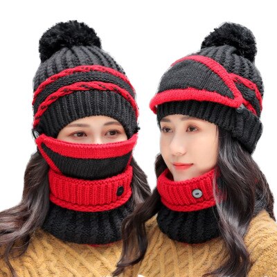 Bingyuanhaoxuan 3 in 1 varm tyk strikket beanie hat tørklæde og maske sæt slouchy sne strik cap uendelig tørklæde til kvinder: Sort