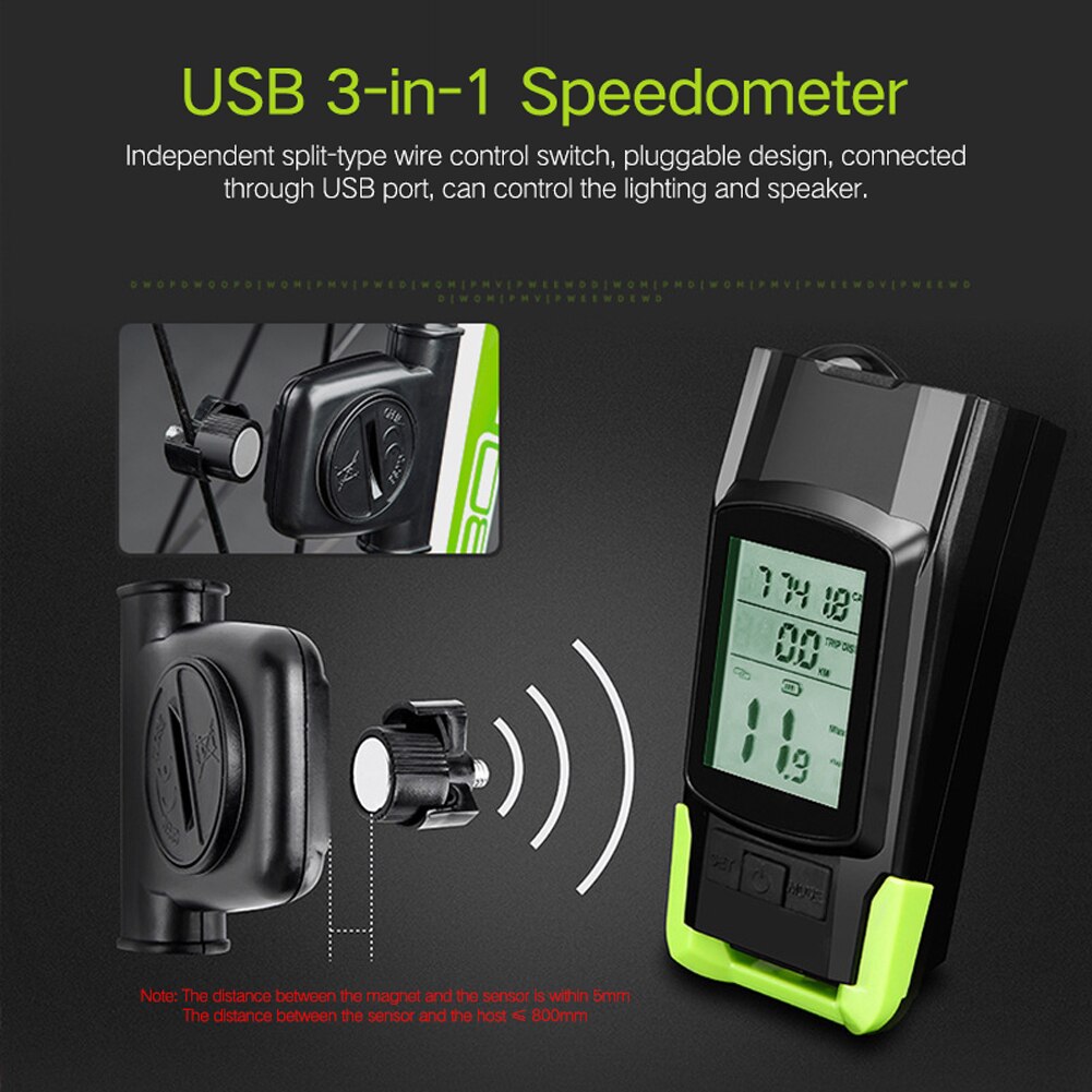 Waterproof 3 in 1 Bike Light Bicycle Computer Flashlight LED Bike Front Light Cycling Horn Waterproof USB Headlight Riding Lamp