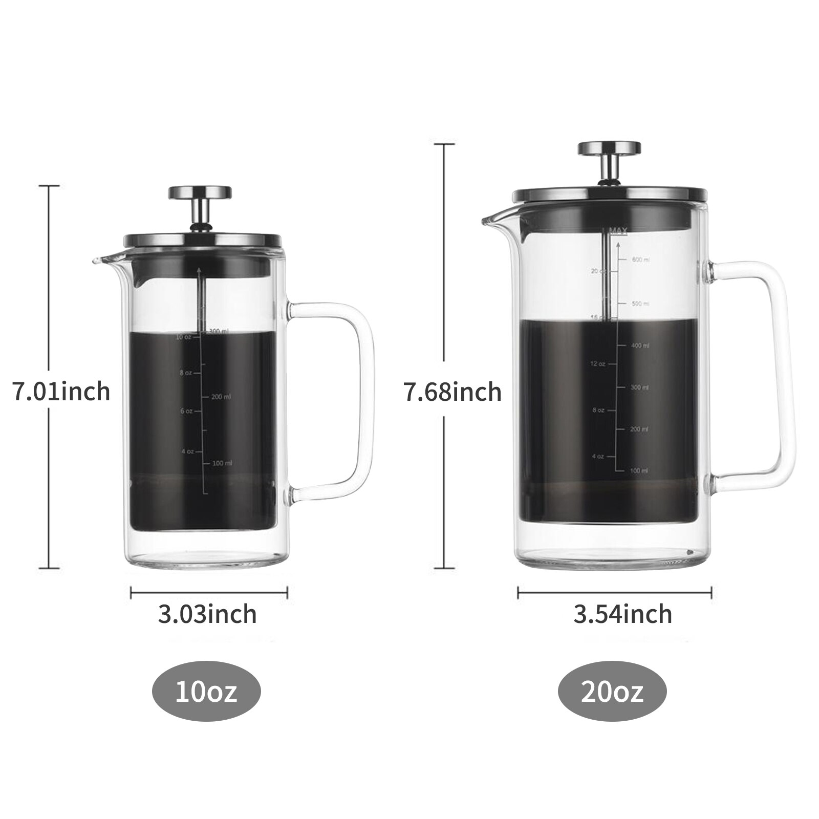 Cafetera francesa de doble pared, cafetera de vidrio de borosilicato resistente al calor, filtro de acero inoxidable de alta densidad, 20oz /10oz