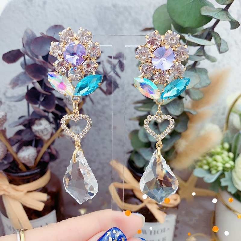 MENGJIQIAO Korean Colorful Flower Crystal Asymmetric Dangle Earrings For Women Girls Heart Temperament Party Jewelry