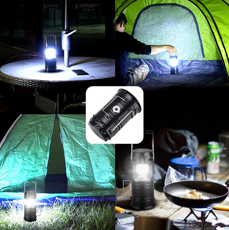 Camping lampe usb genopladelig camping lys udendørs telt lys lanterne solenergi sammenklappelig lampe lommelygte nødfakkel
