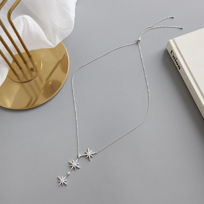 Real 925 Sterling Silver Pendant Necklace For Women Stars Long Pendants 4A Zircon Boho Collares De Moda Accessories Fine Jewelry