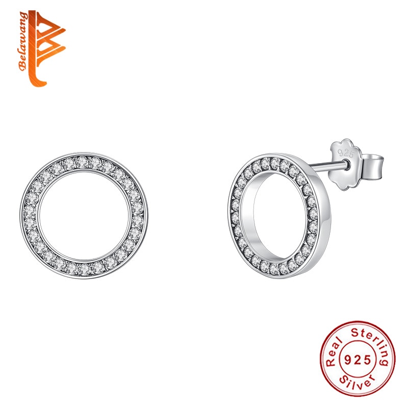 Belawang para sempre claro cz brincos de cristal 925 prata esterlina círculo redondo brincos do parafuso prisioneiro jóias casamento oorbellen bijoux