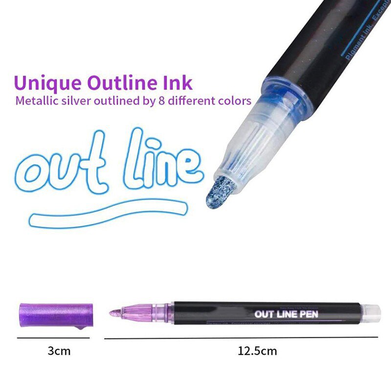 1/8/12 Outline Metallic Markers Pens Double Line Shimmer Paint Pens For Kids Adults DRAWING Art Signature Coloring Journal