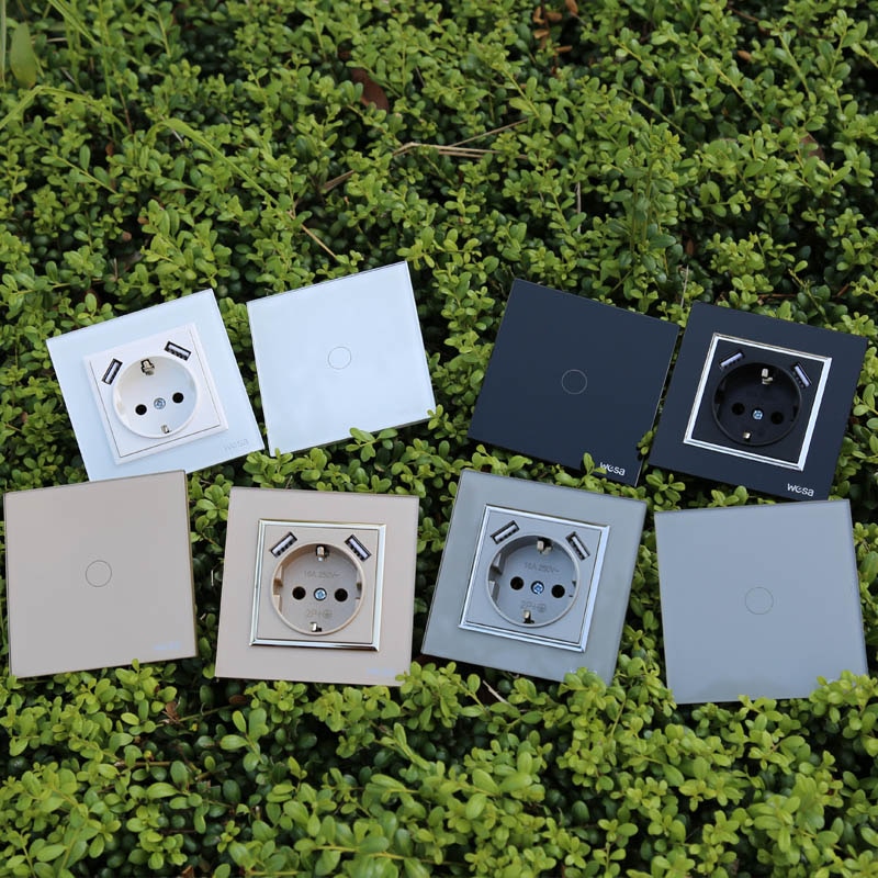 Nowy projekt podwójne USB ściany, jeden gniazdo ziemi 5V 2A czarne szkło hartowane rama FB-19 ścienne gniazdo USB gorący europejski standard