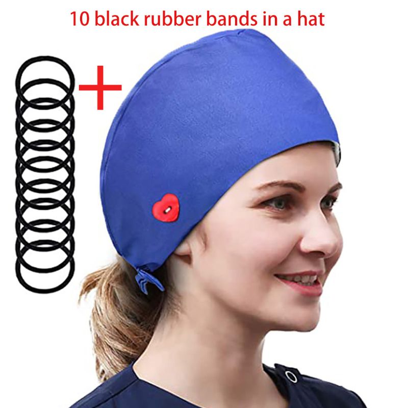 Women Solid Color Buttons Scrub Cap with 10Pcs Hair Ties Bouffant Hat: BR