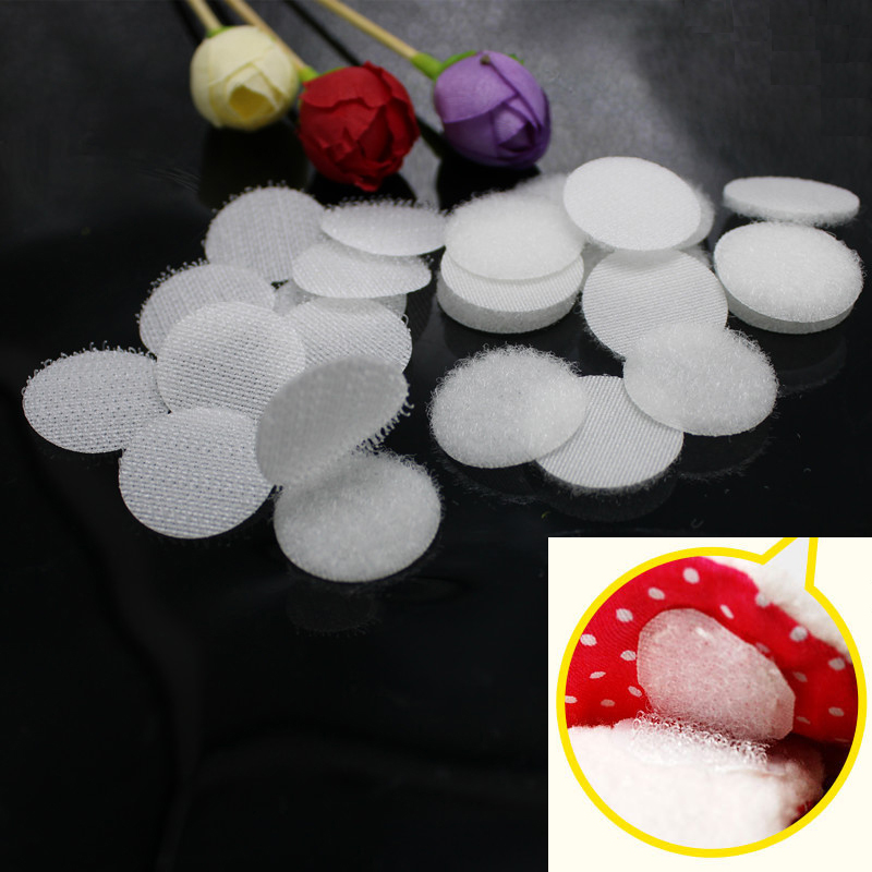 NO glue 100 Pairs 15mm sew Clothing with nylon buckle Magic Sticker Double Sided Hooks Loops Disks white Pads Dot Fastener Tape