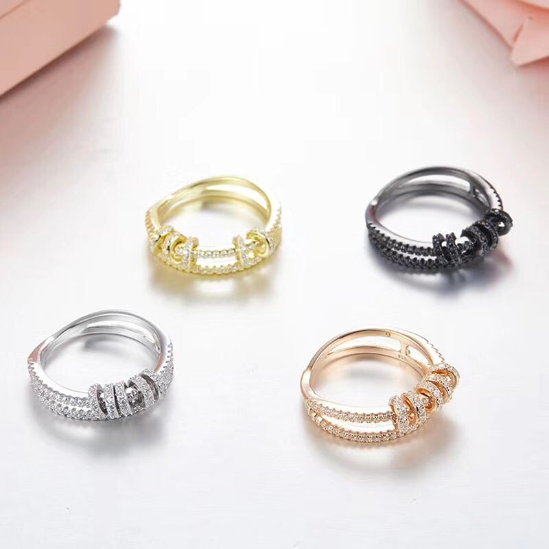 SLJELY Real 925 Sterling Silver Black Rose Gold Colors Double Circles Ring with Sliding Ring Zirconia Women Fine Jewelry