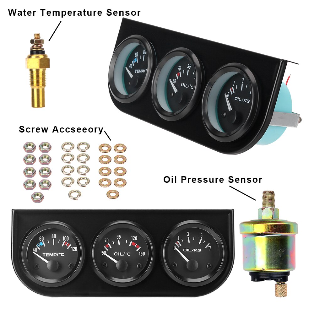 Manomètre universel pour tableau de bord de voiture, 2 &quot;, 52mm, 3 en 1, 12V, avec capteur de température d&#39;huile + température d&#39;eau + Volt, Kit Triple