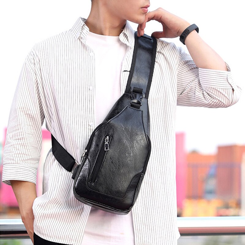 Waterproof PU Leather Chest Bag - USB Charging Port & Headphone Hole - Portable Travel Crossbody
