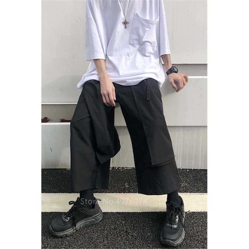 Pantalones de pierna ancha de estilo japonés para hombre, Pantalón recto Irregular, Harajuku, negro, ropa de samurái, Unisex, estilo Hip Hop urbano
