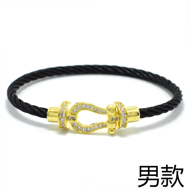 Titanium Steel Wire Rope Magnetic Buckle-encrusted Zircon Bracelet: Black Gold Men