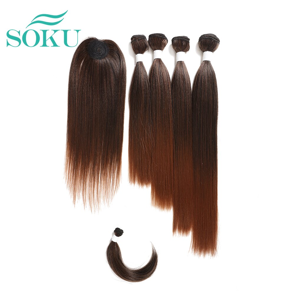 SOKU – mèches synthétiques Yaki lisses avec Closure, 12-18 pouces, extensions brunes ombrées