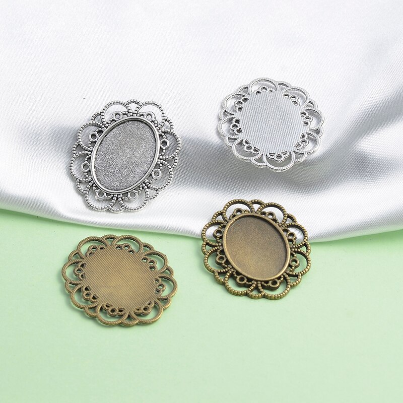 5pcs 18x25mm Inner Size Antique Silver Plated Black Bronze Brooch Pin Flower Cameo Cabochon Base Setting