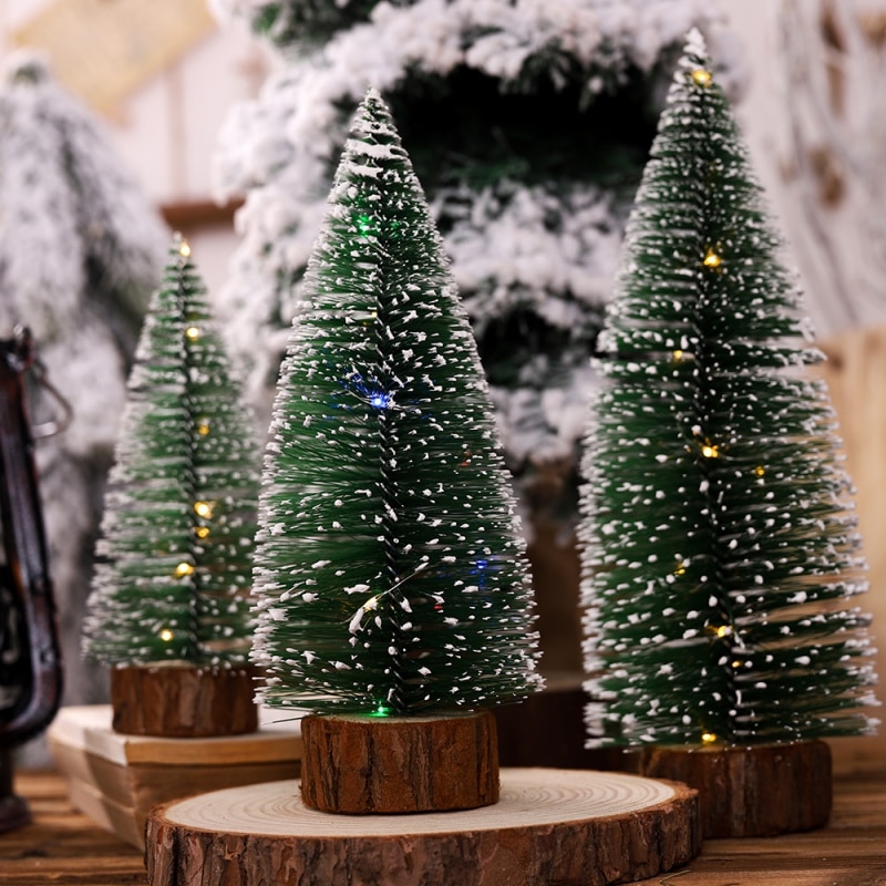 Kunstmatige Kerst Pijnboom Op Ronde Houten Basis Met Batterij Aangedreven LED Light String Xmas Tafelblad Decoraties