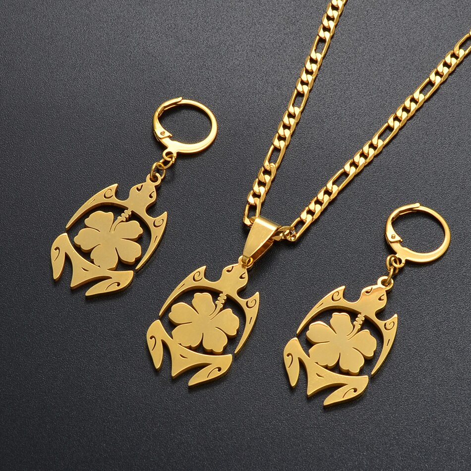 Anniyo Schildpad Sieraden Set Hawaiiaanse Bloemen Goud Kleur Schildpad Ketting Oorbellen Micronesië Hawaii Voor Vrouwen Meisjes #121221