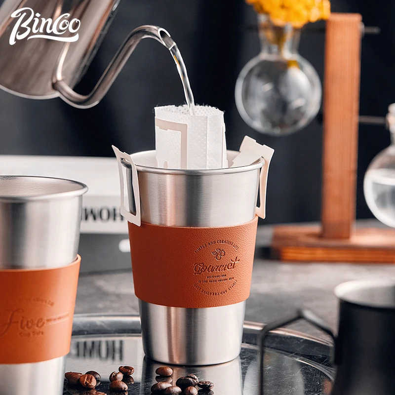 BINCOO Stainless Steel cup Beer Mug PU Holder 500ml Outdoor Camping Protable Coffee Mug customization Logo