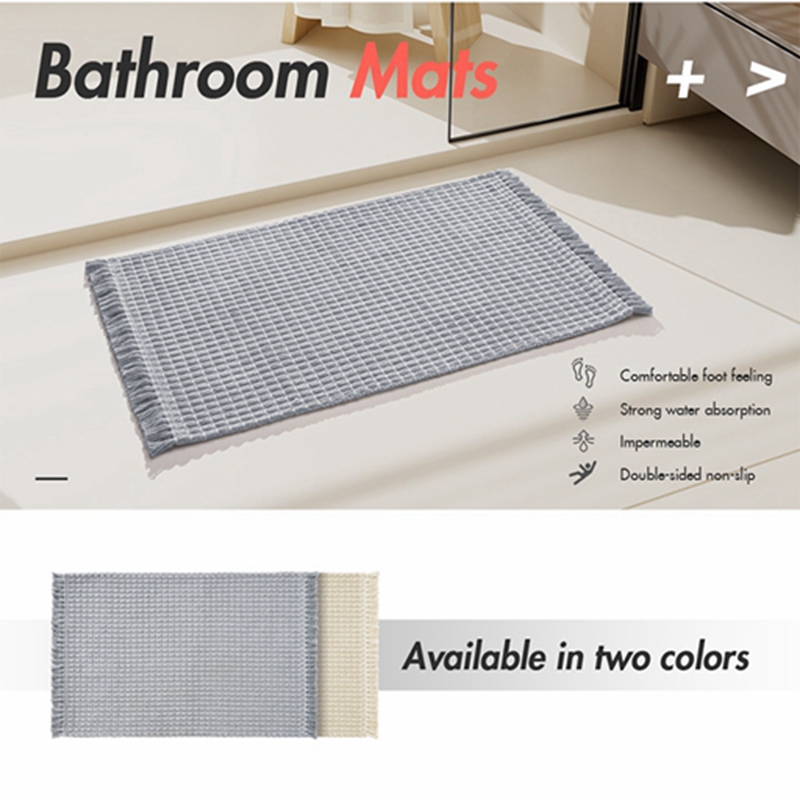 Boho Bathroom Rug with Tassel, Small Cotton Woven Entryway Rug, Reversible Low Profile Door Mat, Modern Farmhouse Carpet