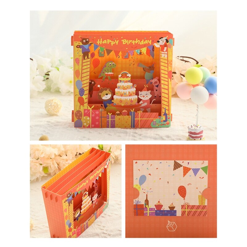 Handgemaakte 3D Pop Up Card Box Cartoon Cake Gelukkige Verjaardag Wenskaarten Met Envelop Voor Kids Kinderen Verjaardag