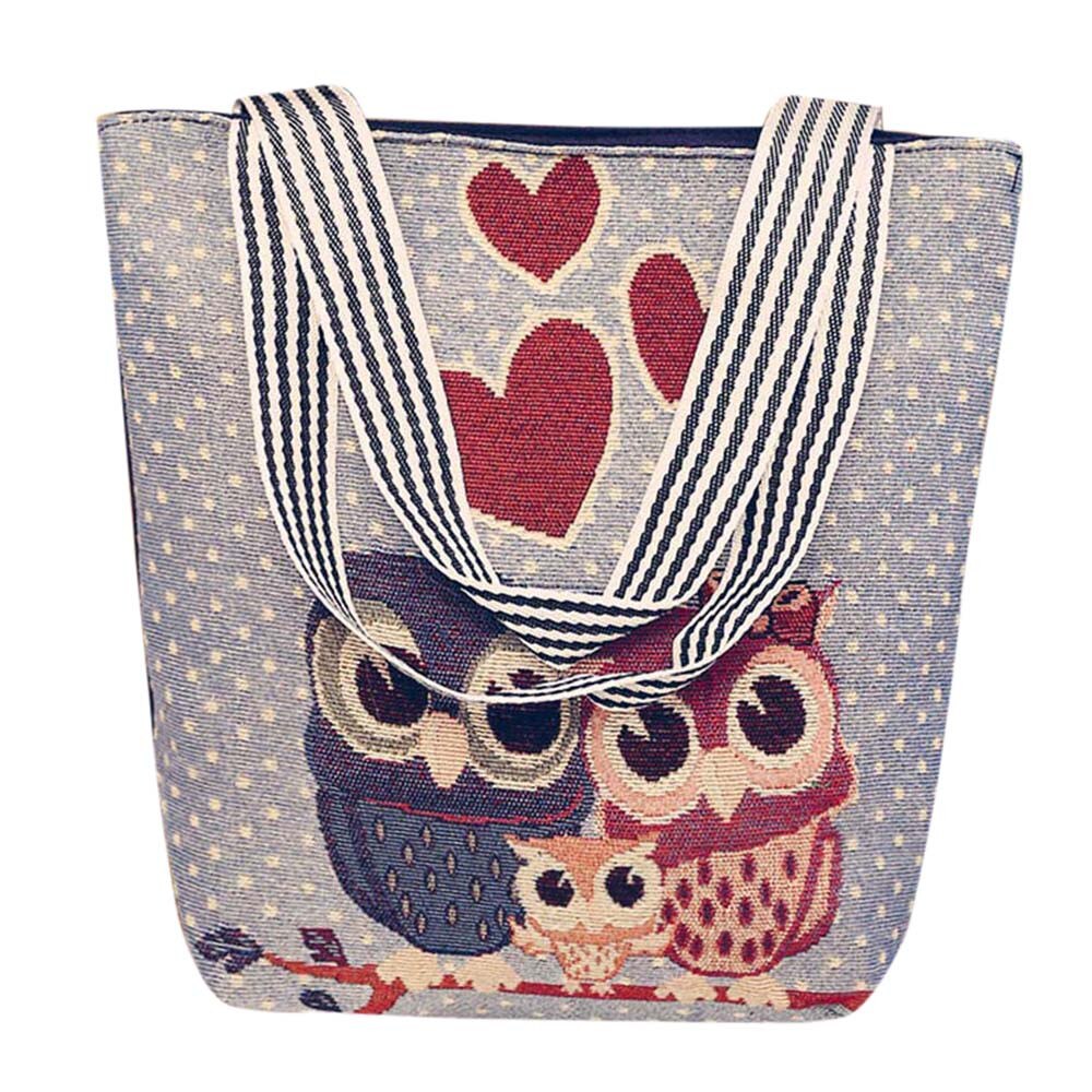 Large Capacity Canvas Cartoon Owl Satchel Tote Shoulder Bags For Women Casual Wild Handbag For Birthday bolso mujer: F