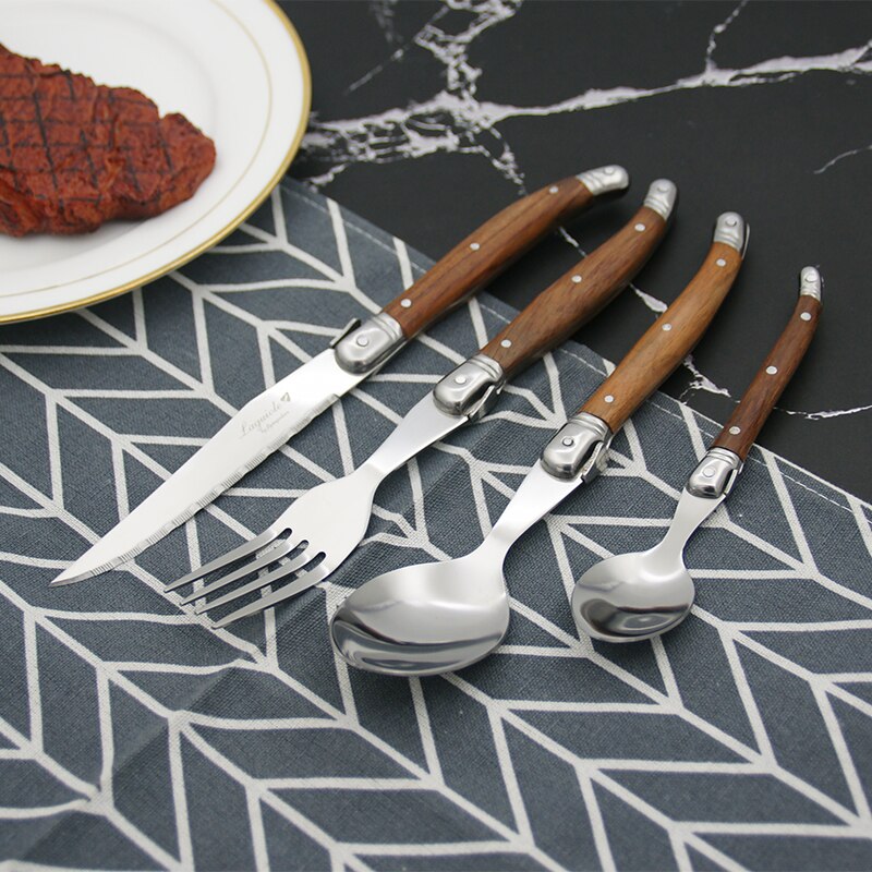 Laguiole-cuchillos para carne, tenedores, cuchara de mesa, Mini cucharadita de café, mango de madera, cubiertos para restaurante, Bar, vajilla de madera, 6 uds.