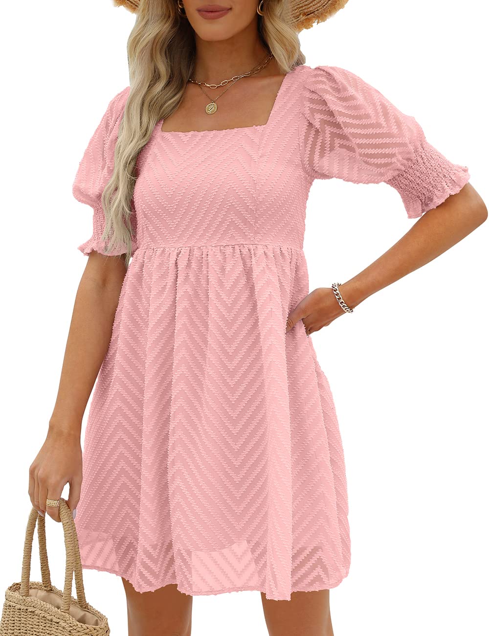 Damen-Sommerkleid 2023, lässig, fließend, Strand, quadratischer Ausschnitt, Laterne, kurze Ärmel, plissiert, A-Linien-Kleid, Krawatte, Minikleid: XXL / Rosa
