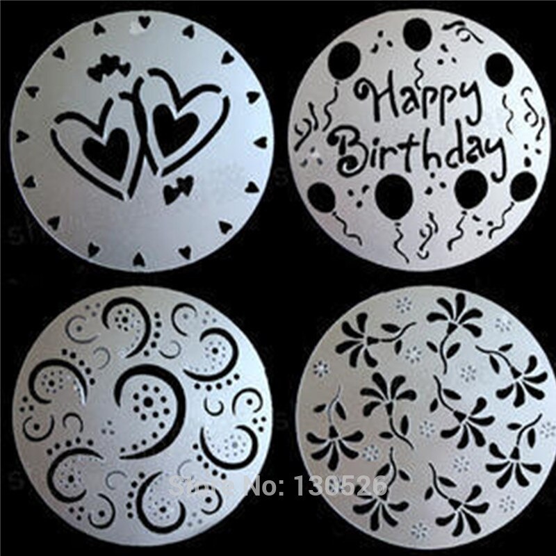 4 stk / sæt cappuccino kaffe stencils cookie cupcake stencil pvc blomst tillykke med fødselsdagen form værktøjer kaffe dekorationsværktøjer