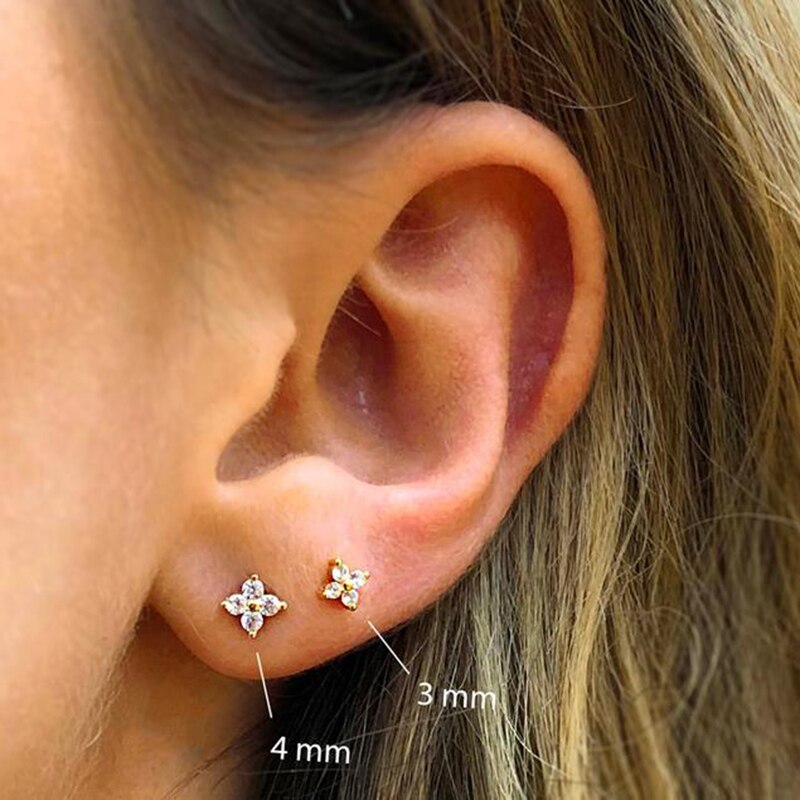 Inmaker 2/3/4Mm Vrouwen Oorbellen Crystal Flower Piercing Stud Oorbellen 925 Sterling Zilver Kleine Kraakbeen oorbel Oreja De Mujer